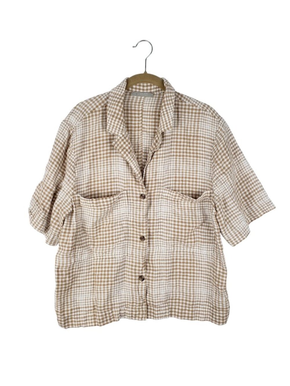 Everlane Short Sleeve Linen Button Up Top Boxy Tan White Plaid Womens Large
